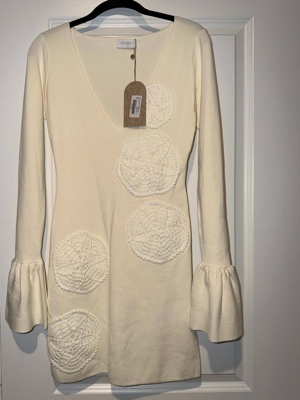 Meshki Cream Crochet Appliqué V-Neck Long Sleeve Dress